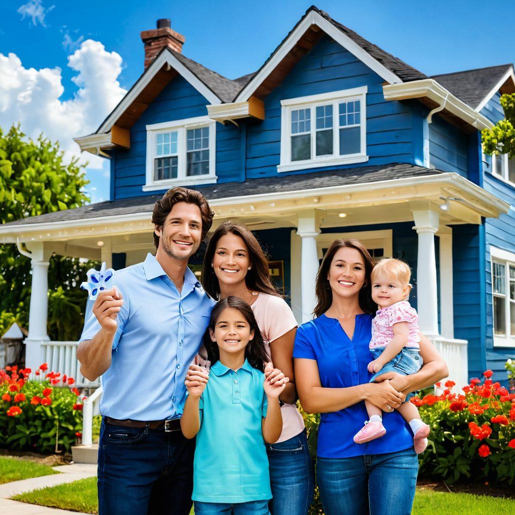 A warm and inviting scene of a joyful family standing in front of a beautiful house with a friendly realtor guiding them. The sky is bright blue, flowers bloom in the foreground, and the house is charming with a 'Sold' sign. The family looks excited, holding house keys, symbolizing new beginnings. Capture the essence of happiness and hope in this journey. vibrant colors. super-realistic.