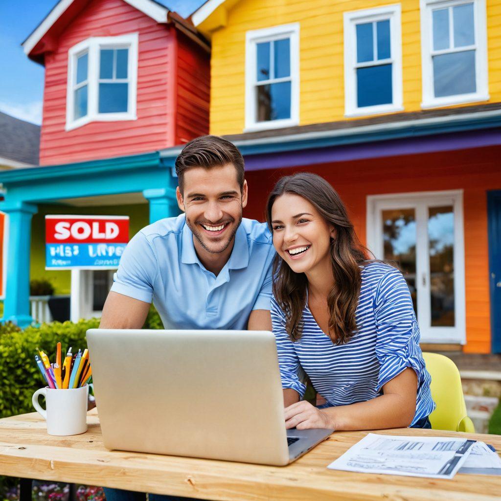 A cheerful couple joyfully browsing through property listings on a laptop, surrounded by colorful house icons and vibrant sold signs. In the background, a friendly realtor is assisting them with a smile, while a cozy home is illustrated beside them. The scene radiates happiness, showcasing the excitement of finding the perfect property. super-realistic. vibrant colors. bright background.
