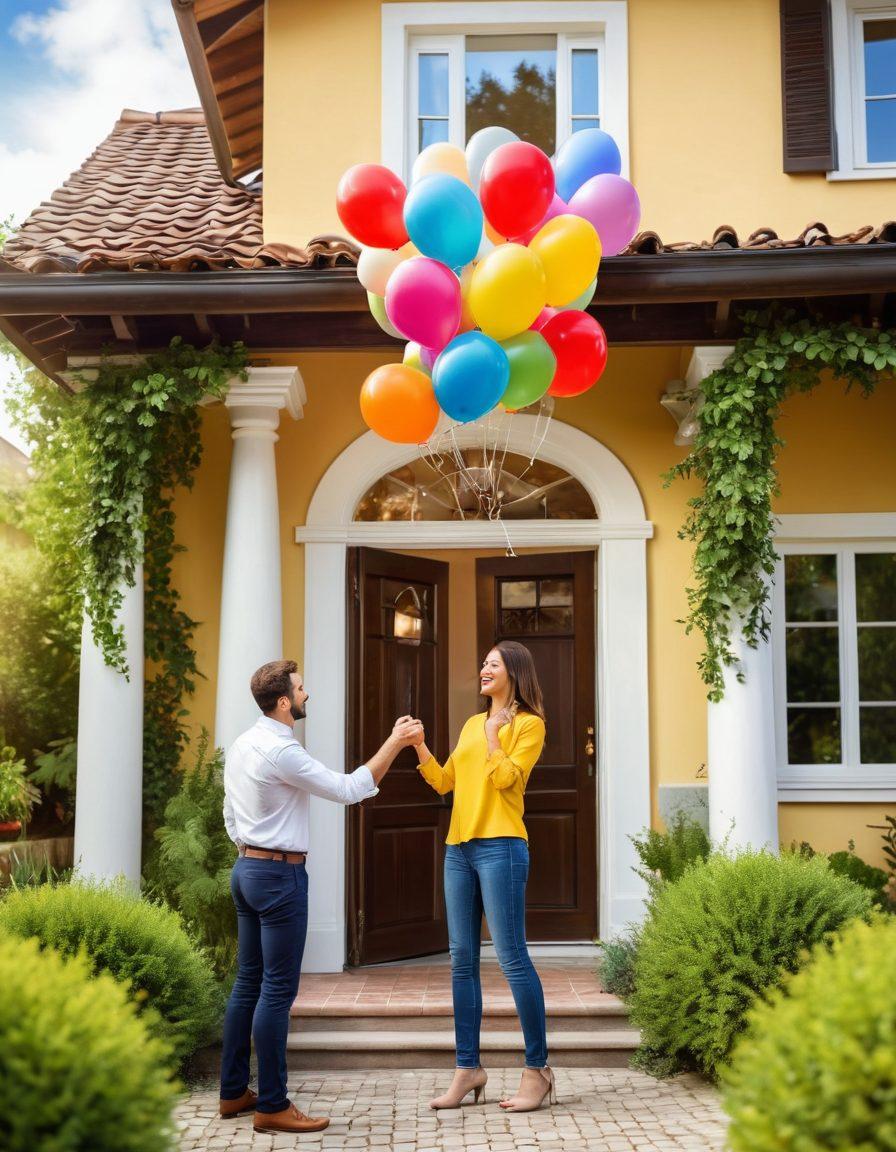A cheerful realtor interacting warmly with a happy couple in front of a beautiful house, symbolizing a positive home buying experience. The scene should include elements of joy, like balloons and a 'Sold' sign, surrounded by vibrant greenery, conveying hope and happiness. Emphasize the connection and trust between the realtor and the clients. super-realistic. vibrant colors. sunny day.